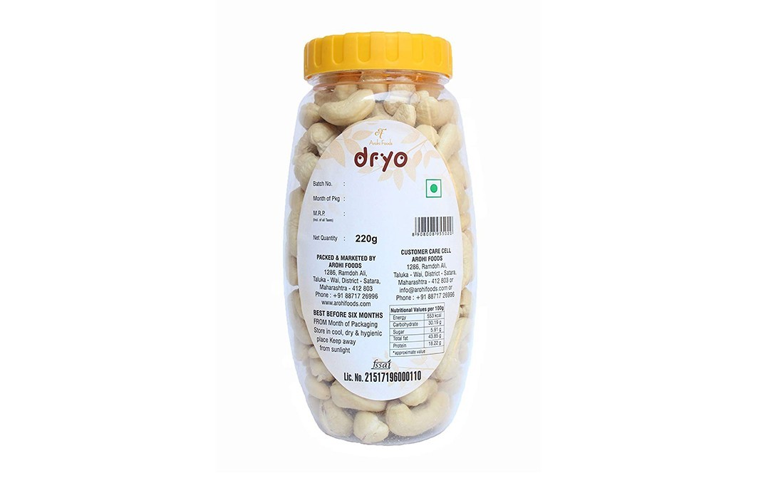 Dryo Cashew    Plastic Jar  220 grams
